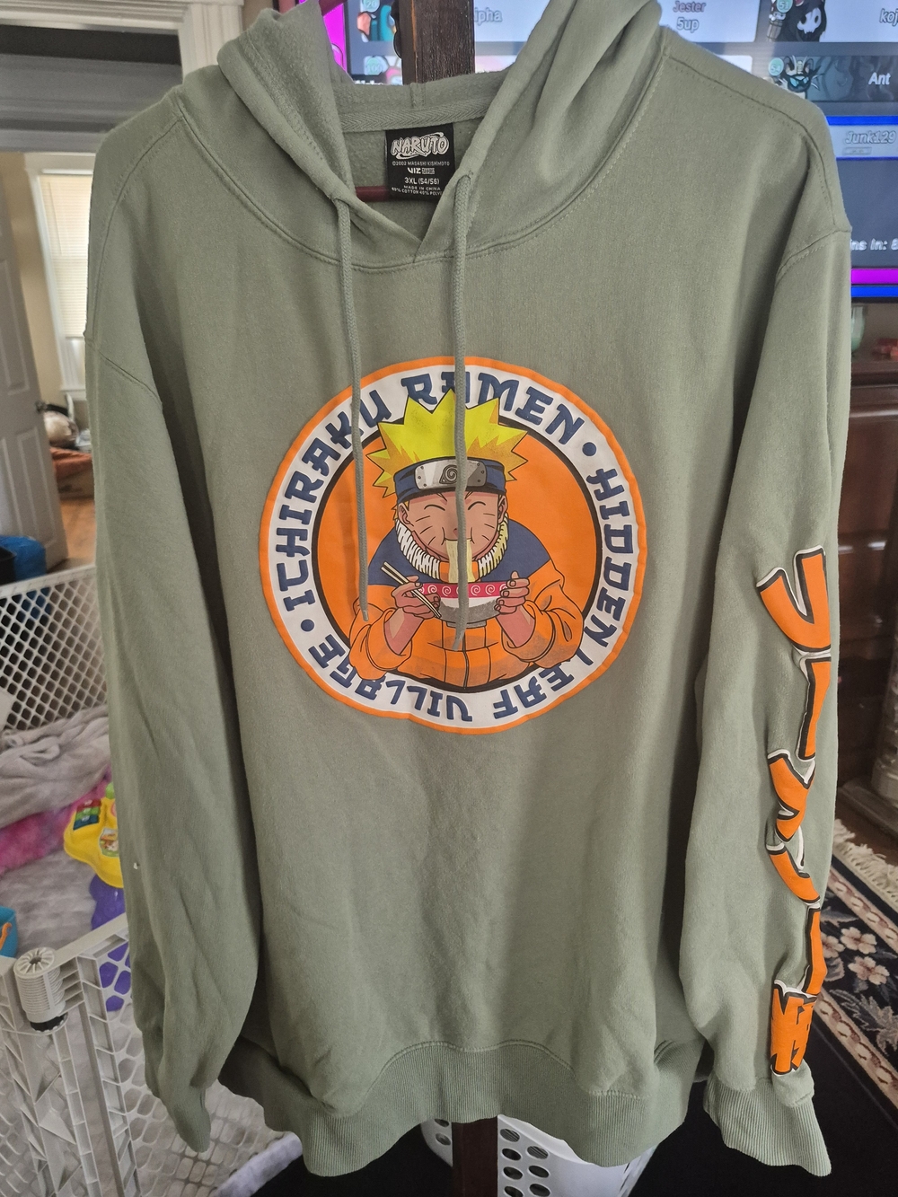 Naruto Graphic Hoodie in Olive Green with Orange Accent